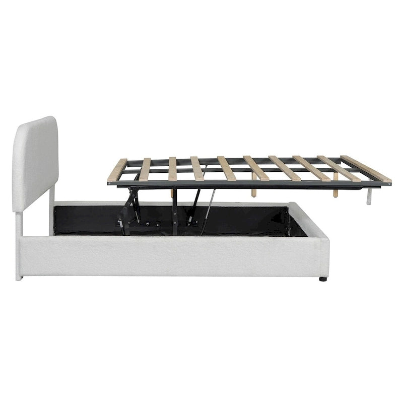 Grey / White Teddy Fleece Upholstered Platform Bed with Curved Headboard & Hydraulic Storage – 2 Person