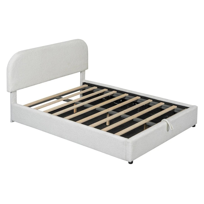 Grey / White Teddy Fleece Upholstered Platform Bed with Curved Headboard & Hydraulic Storage – 2 Person