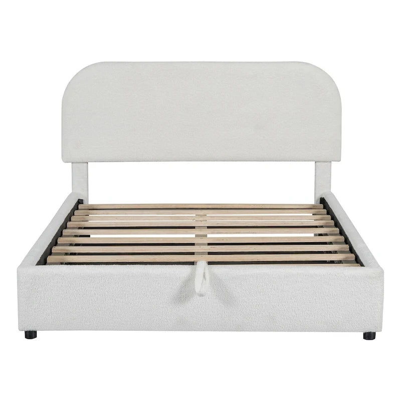 Grey / White Teddy Fleece Upholstered Platform Bed with Curved Headboard & Hydraulic Storage – 2 Person