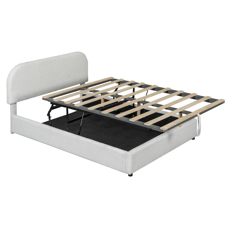 Grey / White Teddy Fleece Upholstered Platform Bed with Curved Headboard & Hydraulic Storage – 2 Person