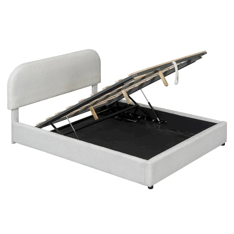 Grey / White Teddy Fleece Upholstered Platform Bed with Curved Headboard & Hydraulic Storage – 2 Person