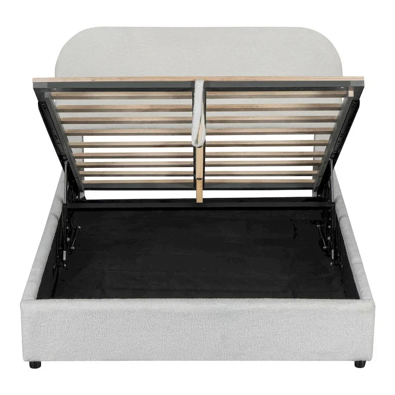 Grey / White Teddy Fleece Upholstered Platform Bed with Curved Headboard & Hydraulic Storage – 2 Person